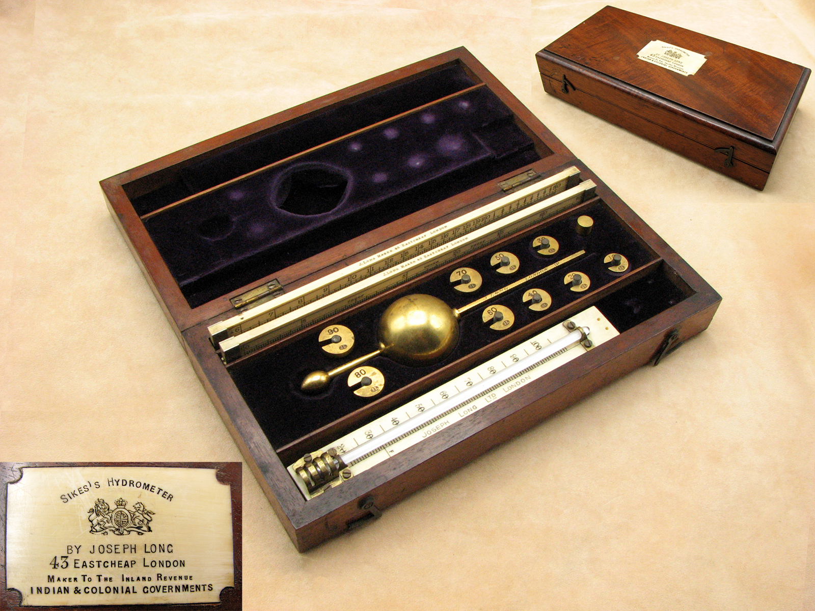 Exceptional 19th century Sikes Hydrometer set by Joseph Long, 43 Eastcheap